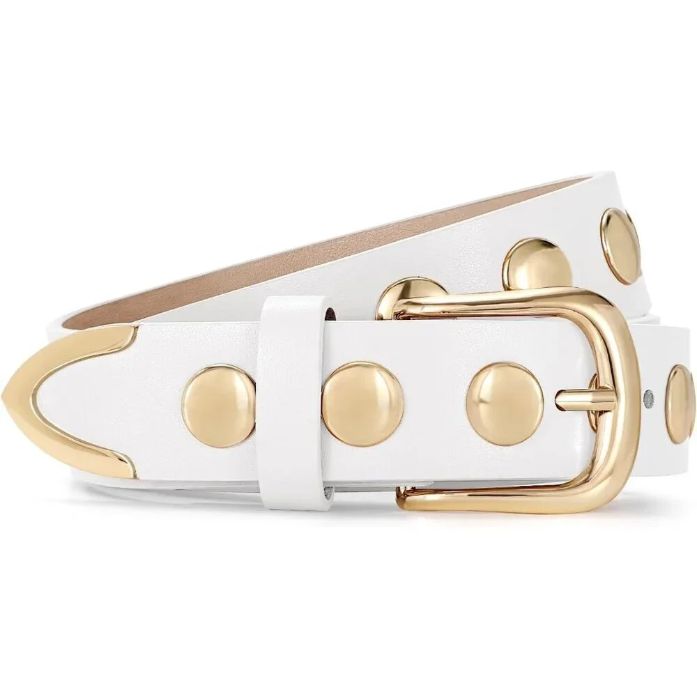 Women's White Fashion Leather Belt Punk Studded Belt for Jeans Pants Dresses